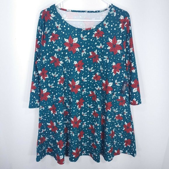 city streets christmas dresses City Streets Dresses | Nwt City Streets Christmas Poinsettia Swing Dress Super Comfortable Soft Size Xl | Color: Green/Red | Size: Xl